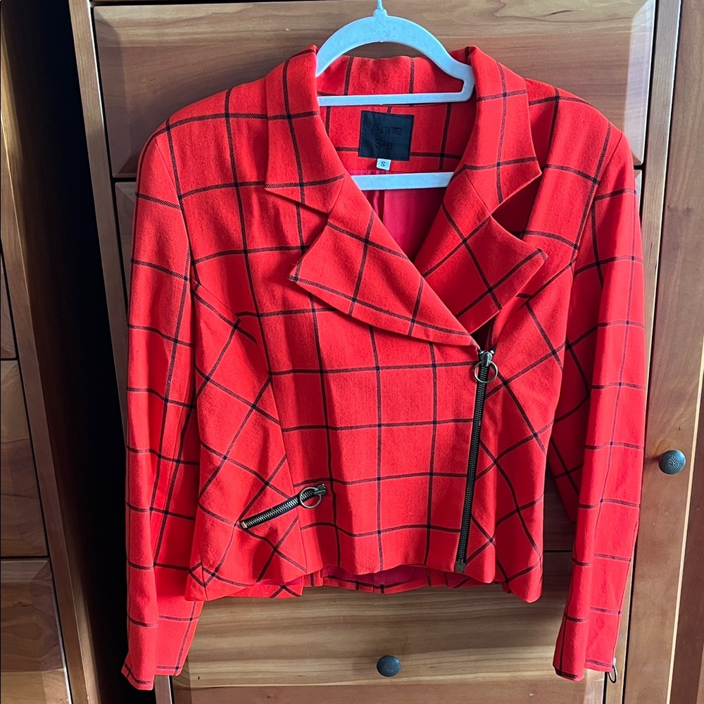 Anna Sui blazer, red with black window pane wool jacket, o-ringed zippers sz S.